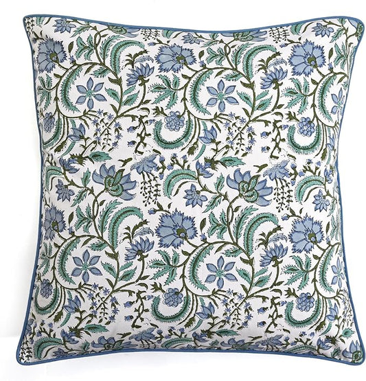 Ridhi Block Print Columbia Blue Pillow Cover 16" x 16" (Pack of 2) Decorative Couch Pillows for Living Room, Chic Boho Cute Outdoor Pillows Covers Gifts for Spring, Easter and Valentine