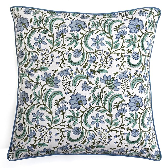 Ridhi Block Print Columbia Blue Pillow Cover 24" x 24" (Pack of 2) Decorative Couch Pillows for Living Room, Chic Boho Cute Outdoor Pillows Covers Gifts for Spring, Easter and Valentine
