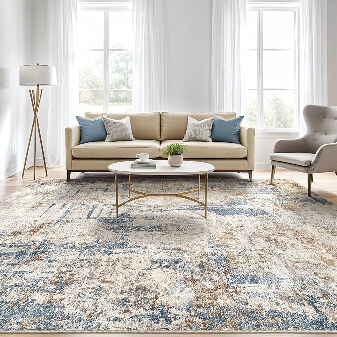 12x15 Area Rug Washable Rugs: Living Room Large Abstract Modern Soft Stain Resistant Indoor Floor Non Slip Accent Carpet for Bedroom Nursery Playroom Office Dining Room Dorm Home House- Tan