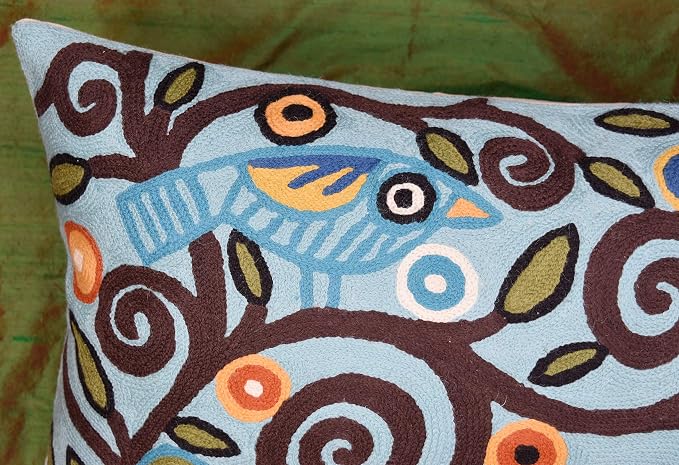 Lumbar Cushion Cover Hand Embroidered Wool 13x21 (Blue Birds Lumbar Pillow Cover)