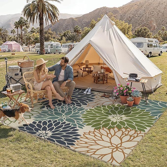 HUGEAR 8'x10' Floral Outdoor Rug Linen-Look Waterproof Colorful Floor Mat Home Decor for Camping RV Outside Area Rug Patio Deck Porch Balcony Backyard Picnic Beach Carpet