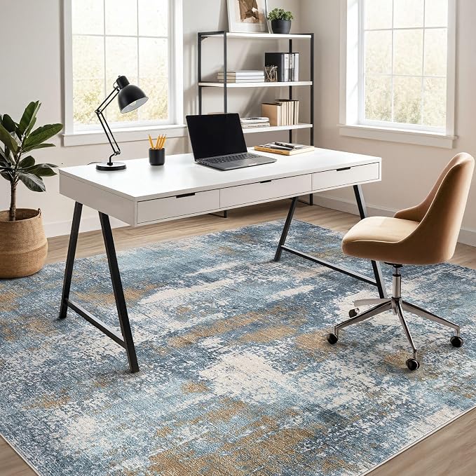 DMOYEST Area Rug Living Room Rugs - 5x7 Washable Soft Indoor Neutral Modern Abstract Low Pile Rug Carpet for Bedroom Dining Room Farmhouse Home Office - Blue Brown