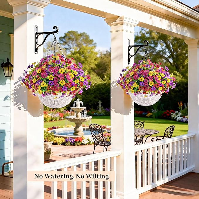 Der Rose 2 Pack Artificial Hanging Flowers Basket for Faux Plants Outdoor Spring Summer Decoration UV Resistant Fake Flowers for Patio Balcony Farmhouse Decor