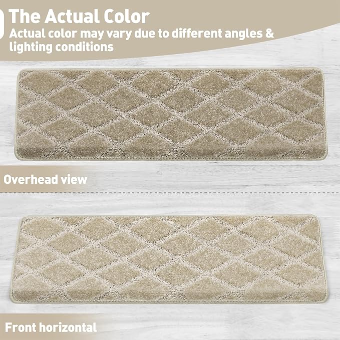 PURE ERA Bullnose Carpet Stair Treads Tape Free Non-Slip Indoor Stair Protectors Pet Friendly Stair Treads for Wooden Steps 9.5" x 30"(2 Pieces, Cream Gray Diamond Trellis)
