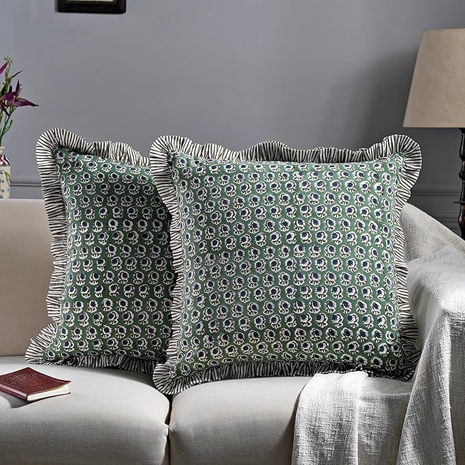 Ridhi Block Print Basil Green Throw Pillow Cover 20" x 20" (Pack of 2) Decorative Cushion Covers with Ruffle for Couch, Sofa, Bed, Living Room, Home Decor Gift for Spring, Easter, Valentine