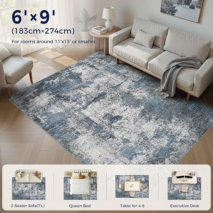 DMOYEST Area Rug Living Room Rugs - 6x9 Large Soft Indoor Neutral Modern Abstract Low Pile Washable Rug Carpet for Bedroom Dining Room Farmhouse Home Office - Grey Blue