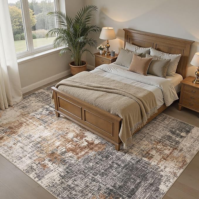 DMOYEST Area Rug Living Room Rugs - 8x10 Washable Large Soft Indoor Neutral Modern Abstract Low Pile Rug Carpet for Bedroom Dining Room Farmhouse Home Office - Grey Brown