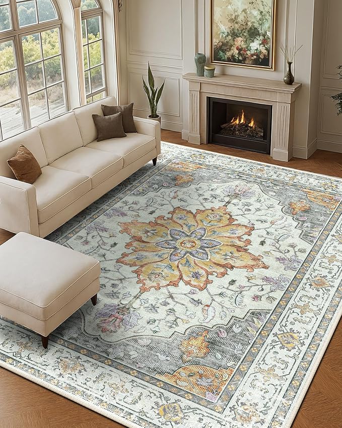 RELEANY Area Rugs 9'x12' Washable Non-Slip, Floral Vintage Distress Print Pattern Medallion Carpet for Living Room Bedroom Dining Room, Light Yellow Carbon Grey Orange