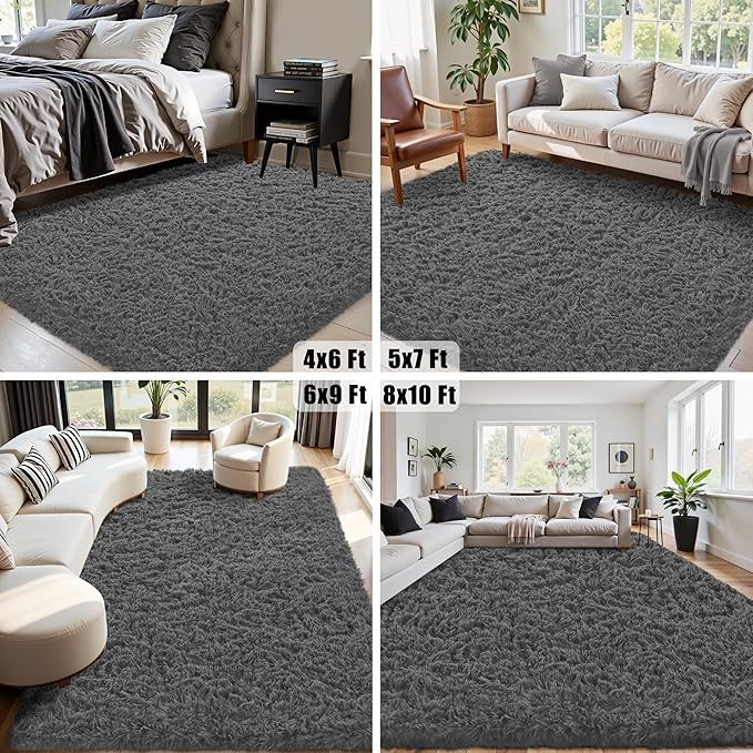4x6 Area Rug for Living Room:Ultra Soft Fluffy Shag Dark Grey Rugs,Large Fuzzy Plush Indoor Non Slip Carpet Washable Rug for Bedroom Kids Nursery Office Dorm Modern Decor(Dark Grey 4'x6')