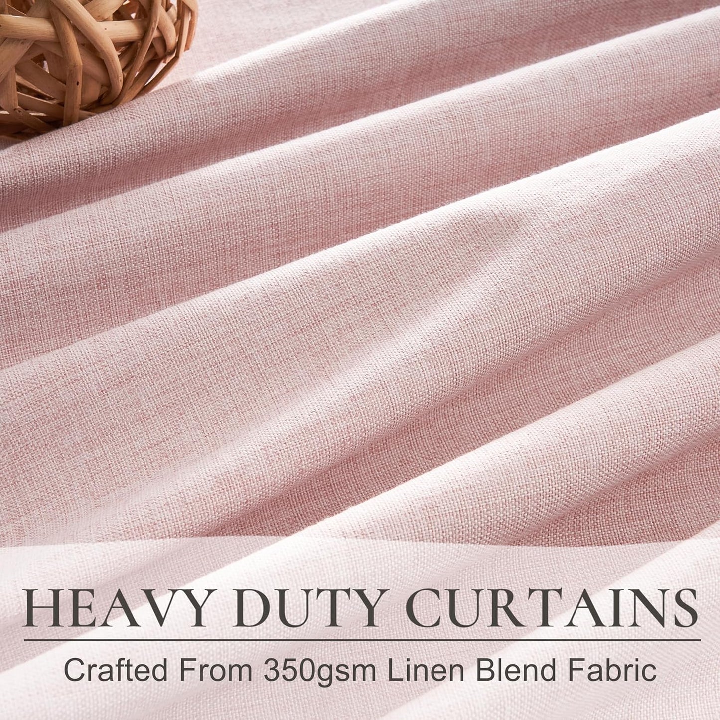Pinch Pleated Heavy Flax Linen Baby Pink Curtains 90 Inches Long for Bedroom 2 Panels Set, Elegant Blackout Insulated Window Curtain with Hooks Rings for Nursery / Office Room Darkening Viral Drapes