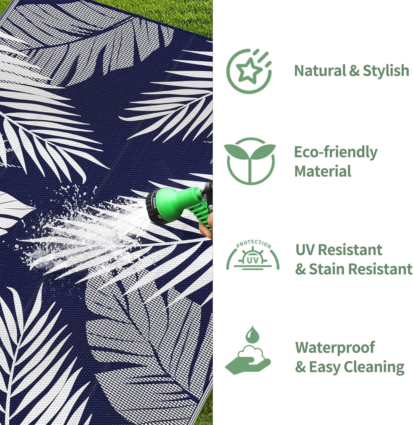 GENIMO Outdoor Rug 8' x 10' Waterproof for Patios Clearance, Reversible Outdoor Plastic Straw Camping Rug Carpet, Large Area Rugs Mats for RV, Camper, Deck, Balcony, Porch, Beach, Navy Blue&White