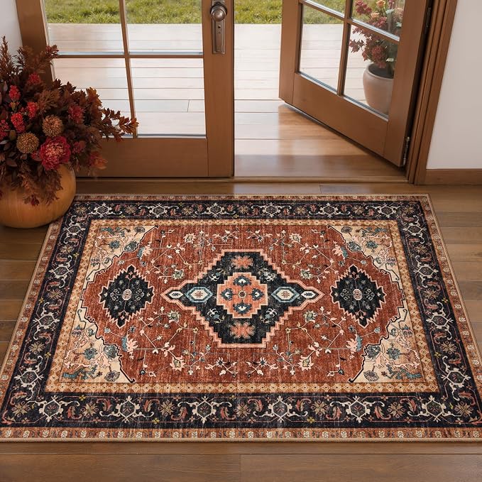 Tangsoo Oriental 2X3 Washable Rugs, Orange Vintage Non Slip Small Area Rug Carpet, Indoor Front Door Rug for Entryway, Door Mat Indoor Entrance Soft Low Pile Throw Rugs for Entry Kitchen Bedroom