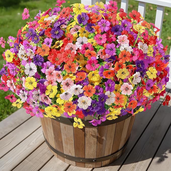 Alupssuc 24 Bundles Artificial Flowers for Outdoors Decoration, UV Resistant Silk Faux Daisy Flora Spring Fake Plastic Plants Greenery for Outside Indoor Yard Home Porch Window Box Decor, Mix 8 Colors