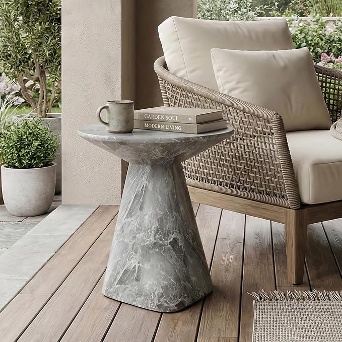 24/7 Shop at Home Ranera Modern 18-inch Natural Stone Side Table with Angular Pedestal Base, Marble Nightstand, Geometric Patio End Table, for Living Room, Covered Outdoor Spaces, Balcony, Gray Marble