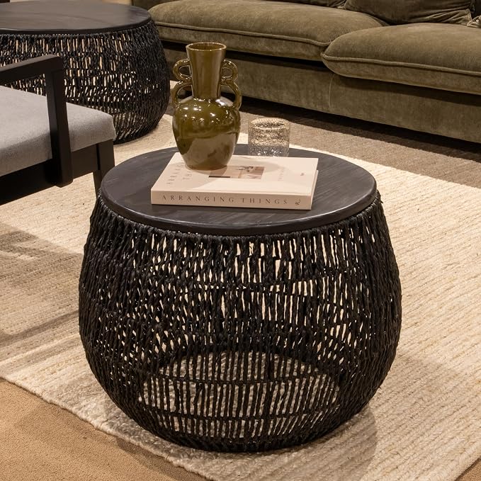 Bloomingville Hand-Woven Seagrass and Pine Wood Round Side Table, Black