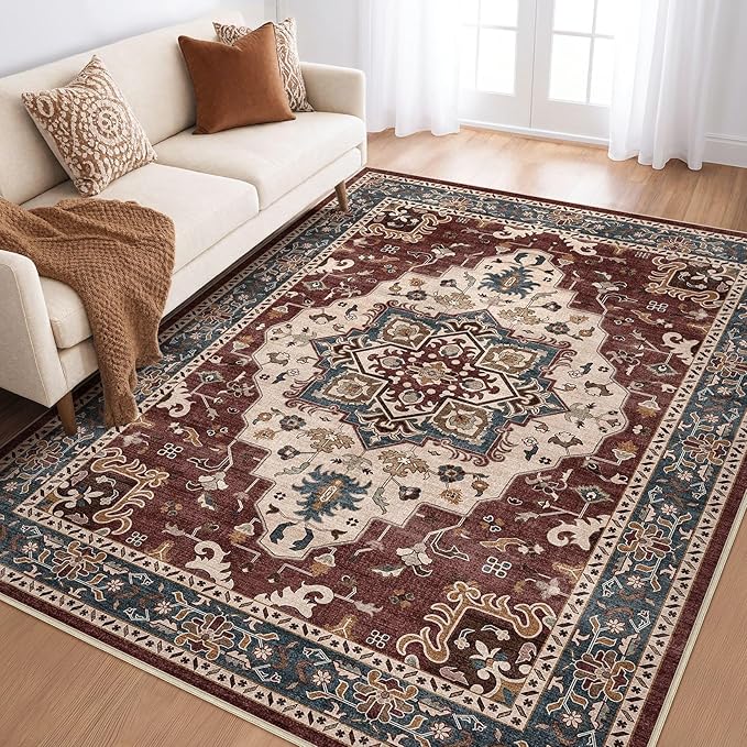6x9 Area Rugs Living Room: Washable Boho Large Neutral Vintage Soft Rug Stain Resistant Farmhouse Non-Slip Indoor Floor Retro Carpet for Bedroom Nursery Kids Office Dining Room- Burgundy