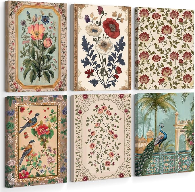 Indian Wall Art Vintage Floral Canvas Poster India Wall Decor Folk Flower Prints Scandinavian Pictures Antique Botanical Painting Gallery Artwork for Bedroom Living Room 12x16x6 Inch Ready to Hang