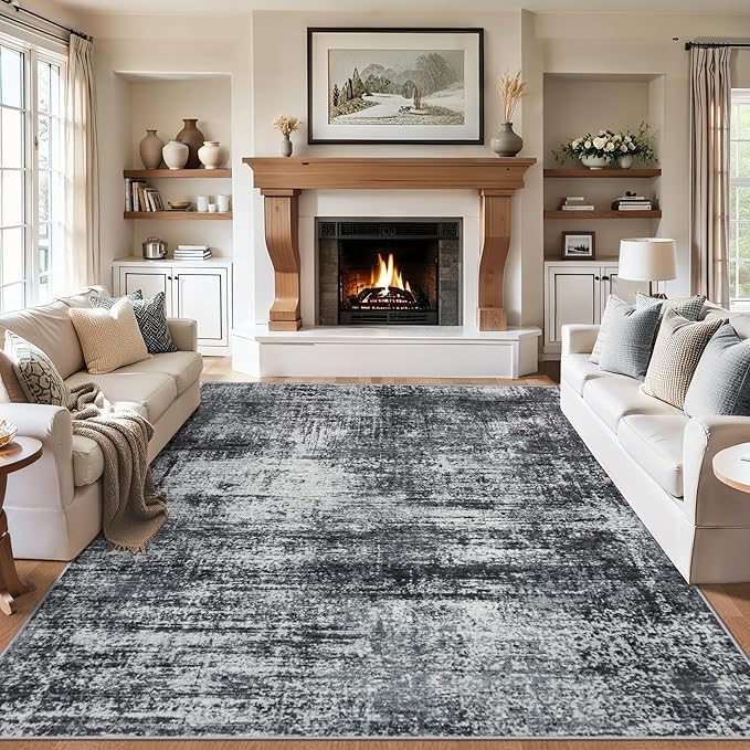 Area Rugs 10x14 Living Room - Washable Rug Modern Abstract Soft Large Neutral Non-Slip Carpet Indoor Floor Thin Carpets for Bedroom Dining Room Farmhouse Nursery Home Office Dark Black