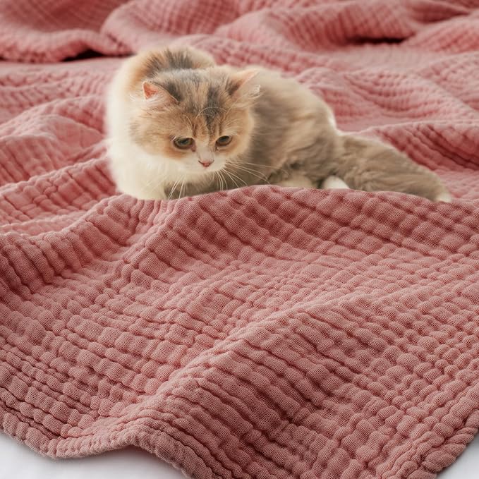 Carriediosa 100% Cotton Muslin Throw Blanket 90" X 90" Queen Size，4-Layers Summer Gauze Throws for Bed Couch，Soft Lightweight Breathable Linen Blankets Bedspread for Adults All Season，Mauve