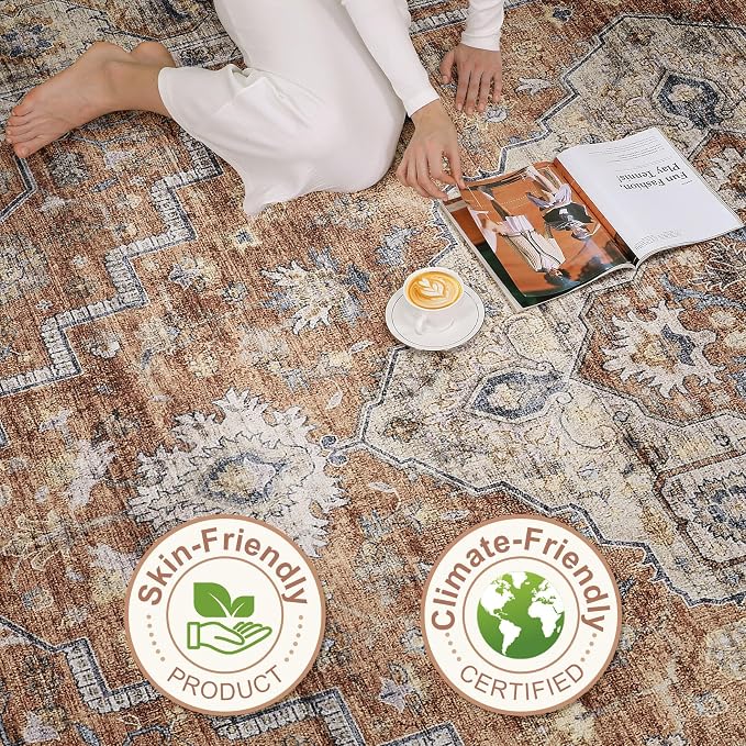 6x8 Area Rug Living Room: Washable Boho Large Neutral Vintage Soft Rug Stain Resistant Farmhouse Non-Slip Indoor Floor Carpet for Bedroom Nursery Kids Playroom Office Dining Room- Terracotta