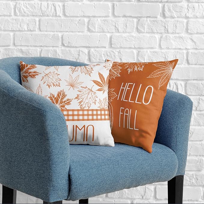 Hello Fall Pillow Covers Burnt Orange Maple Leaves Pumpkin Throw Pillow Covers 18x18 Set of 2 Autumn Pillowcase Double Sided Printing Cushion Case for Home Decor Couch Sofa