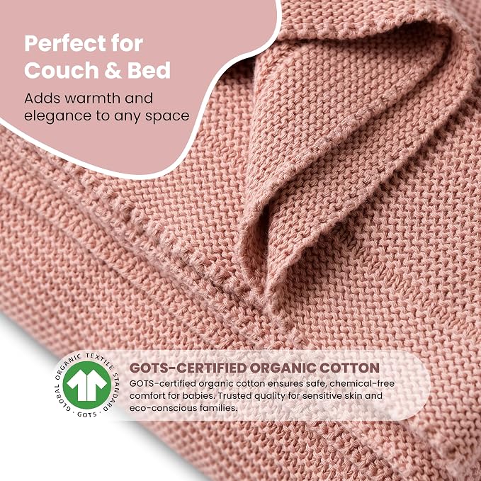 Dalisa 100% Organic Turkish Cotton Throw Blanket – GOTS Certified, Cozy, with Reusable Cotton Gift Bag – Perfect for Couch, Bed, and Home Decor – Boho Vintage Knit Alina (Pink, 80x90)