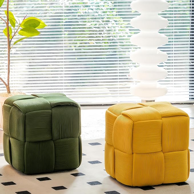 Cmishe 15" Square Woven Corduroy Ottoman Footrest - Modern Vanity Stool for Living Room & Entryway, Eco-Friendly Wood Frame, No Assembly (Green)