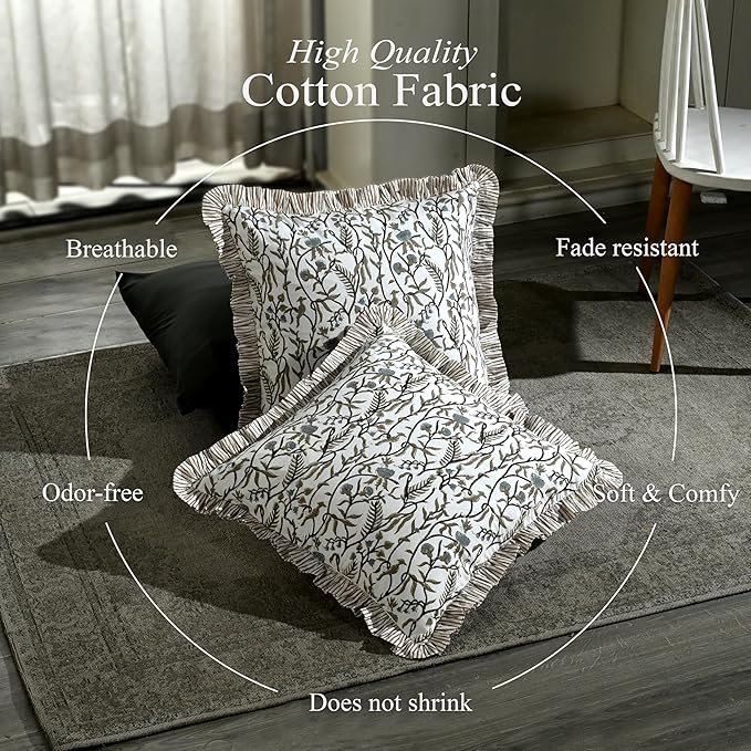 CPC Cocoa Vine Hand Block Print 100% Cotton Ruffle Throw Pillow Cover 18x18 inch with Hidden Zipper Decorative for Couch, Bed, Sofa, Farmhouse, Cottagecore Decor Gift Christmas Fall Thanksgiving