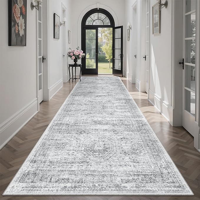 Soalmost Runner Rug 3x10 Washable Non-Slip Hallway Runner Rugs for Kitchen Bathroom Laundry Room Grey Vintage Floor Carpet Runners for Hallways Entryway