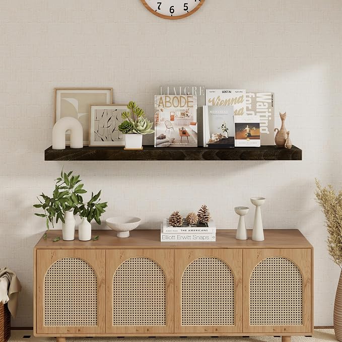 fuqing Floating Shelves for Wall - 48 Inch Dark Wood Shelves Set of 1-48 Inch Wide x 9.3 Inch Deep x 1.6 Inch Thick Wooden Wall Shelves for Room Decor & Storage