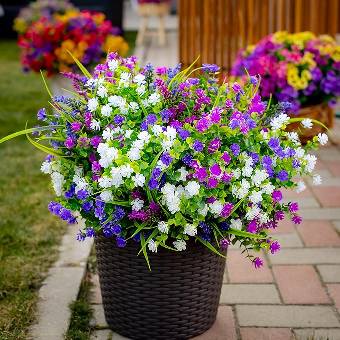 AXYLEX Artificial Flowers for Outdoors Fake Plants - 12 Bundles Faux Outside Greenery Boxwood No Fade Plastic Shrubs Home Decor Farmhouse Garden (Mixed, 3 Colors Magenta Purple White)