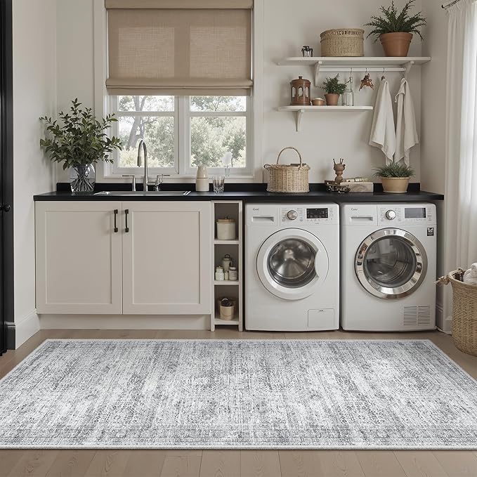 Soalmost Runner Rug 2x5 Washable Non-Slip Kitchen Runner Rugs for Bathroom Laundry Room Grey Vintage Floor Carpet Runners for Hallway Entryway