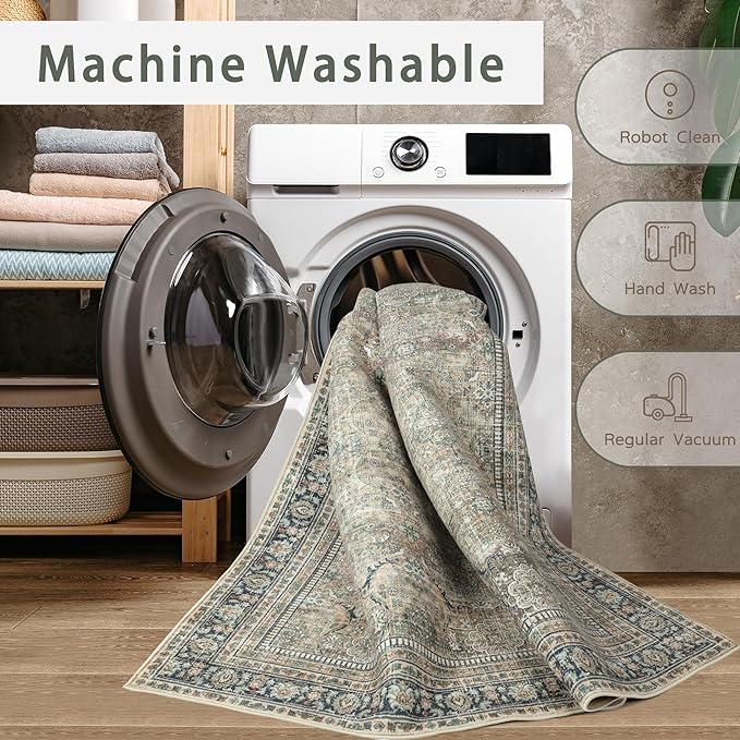 Srugn Washable Rugs 8x10 Area Rugs for Living Room,Rugs for Bedroom,Large Carpets,Ultra Soft Faux Wool Retro Dining Room Rug,Non Slip&Non-Shedding Low Pile Vintage Print Rug for Home Office,Green