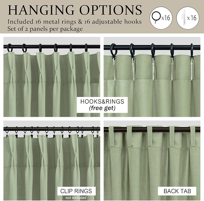 DANCURTON Sage Green Pinch Pleated Linen Curtain 63 Inch Long for Living Room 2 Panel Stone Washed Earth Tone Decor Back Tab Boho Neutral Greige Earthy Thick Sheer Pleat Drape for Bedroom 40x63 Length