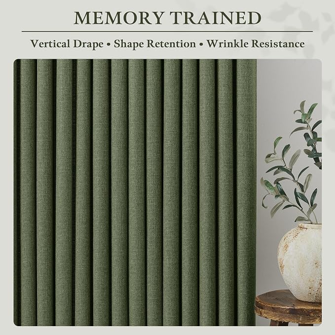 Pleated Linen Olive Green Curtains 102 Inches Long 2 Panels for Living Room Bedroom Rustic Retro Farmhouse Textured Pinch Pleat Back Tab Track Semi Sheer Ceiling Floor 102 Inch Loden Curtain Drapes