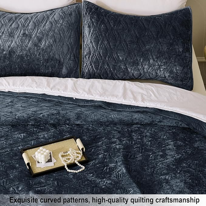 Velvet Quilt Set California King Size 106x118 Soft Bedding Set 3 Pieces Neutral Luxury Bedspread Farmhouse Comforter with 2 Pillow Shams 20x36 for All Seasons,Blue Gray