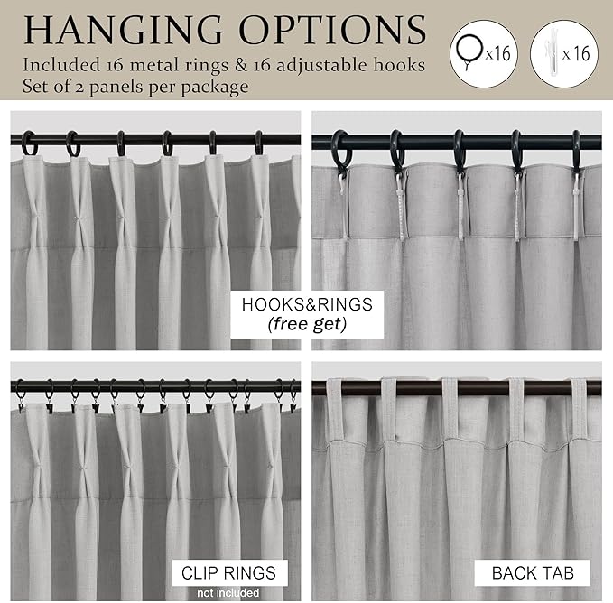 Pinch Pleated Linen Grey Curtains 90 Inch Long for Living Room 2 Panel Back Tab Pleat Draperies Flax Linen Cotton Textured Semi Sheer Light Gray Curtain for Bedroom Closet Door Home Office 90 Length