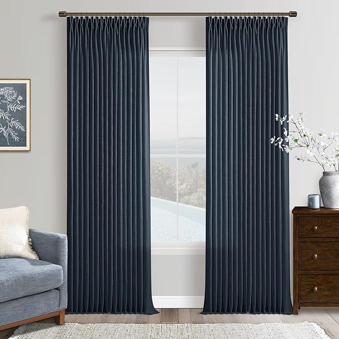 Navy Pinch Pleated Curtains 108 Inches Long 2 Panels for Living Room Bedroom Light Filtering Linen Drapes 108 Inch Length Indigo Dark Blue Semi Sheer Memory Shape Trained Ceiling Floor Curtain 9Ft