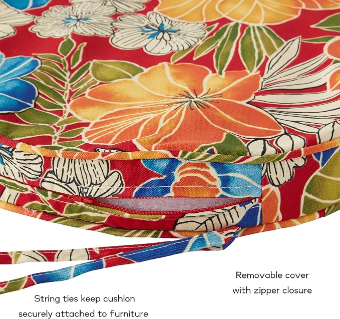Set of 2 Outdoor 18 inch Round Patio Dining Chair Pads – Comfortable Fiber-Filled Seat Cushions with Ties, Reversible Polyester Fabric, Aloha Red Floral