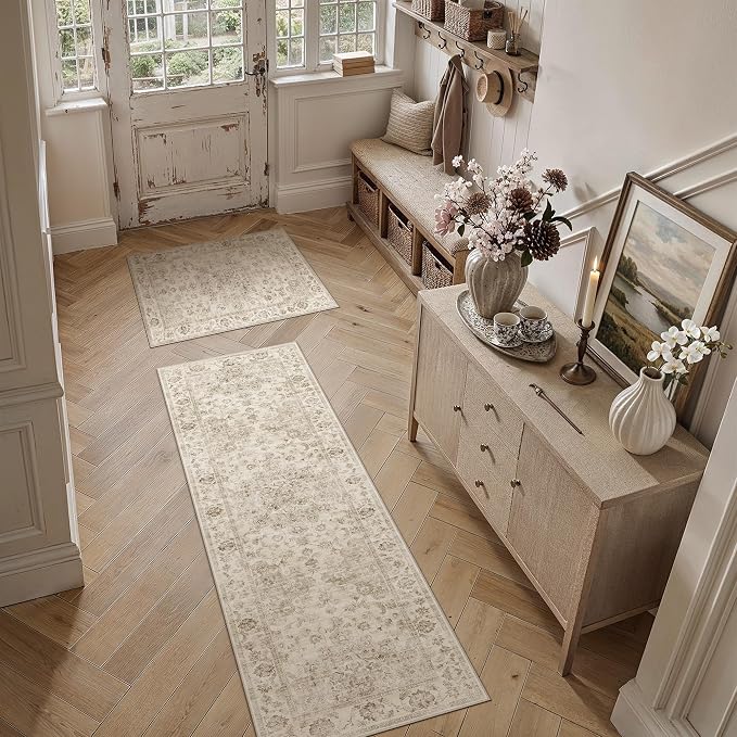 2 Piece Washable Kitchen Rug Set Beige Vintage Runner Mats Non-Slip Soft Low Pile Farmhouse Area Rugs for Floor Sink Laundry Bedroom Bathroom Living Room, 2x3 + 2'6x8