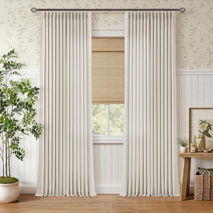 100 Inch Long Curtains Pinch Pleated Cream Linen Semi Sheer for Living Room Bedroom 2 Panels Light Filtering Privacy Natural Pleated Drapes for Window Sliding Door Floor Length Hooks Rings Back Tab