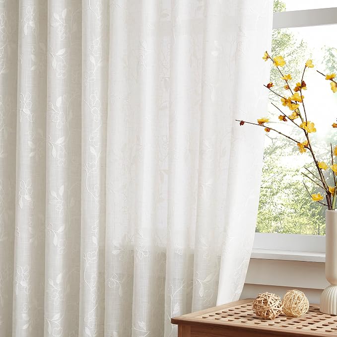 Vision Home Floral Pinch Pleated Sheer Curtains Embroidered Leaf Patterned Farmhouse Light Filtering Window Panels for Living Room Bedroom Pleat Drapes with Back Tab Hooks, Linen and White 40"Wx84"Lx2