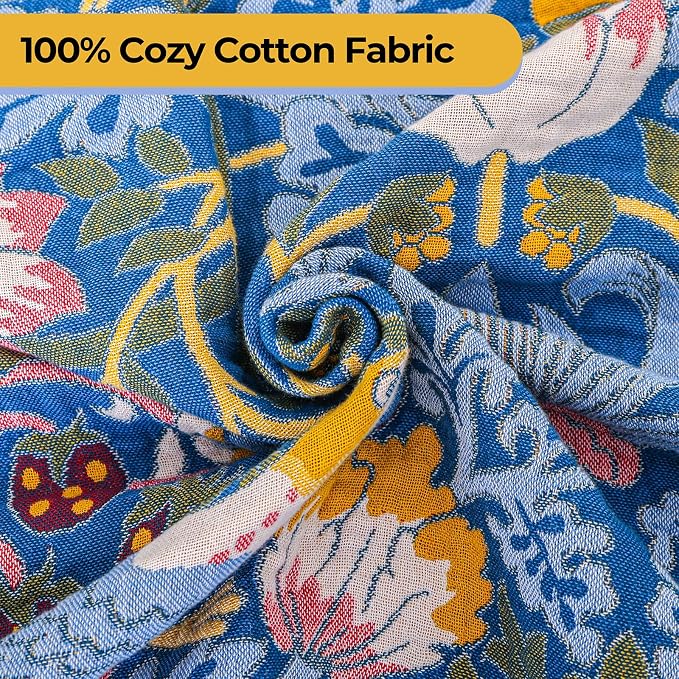 King Throw Blanket for Bed 100% Cotton Boho Oversized Soft Cozy Muslin Quilt Blanket Double Embroider Bird and Florals, Vintage Farmhouse Cottage Woven Blankets for Bedding Couch,90"×98"- Blue&Yellow