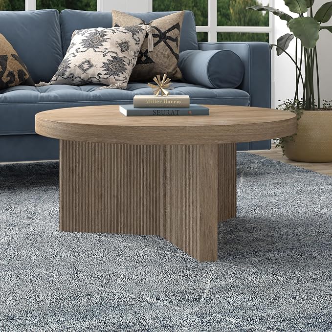 Henn&Hart 32" Fluted Round Low-Profile Coffee Table with Ribbed Pedestal Base for Living Room, Family Room, Office, or Apartment, Weathered Gray
