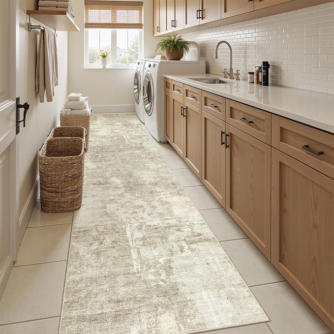 Soalmost Runner Rug 2x12 Washable Non-Slip Hallway Runner Rugs for Kitchen Bathroom Laundry Room Beige Gray Vintage Floor Carpet Runners for Hallways Entryway
