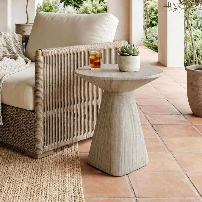 24/7 Shop at Home Ranera Modern 18-inch Natural Stone Side Table with Angular Pedestal Base, Marble Nightstand, Geometric Patio End Table, for Living Room, Covered Outdoor Spaces, Beige Travertine