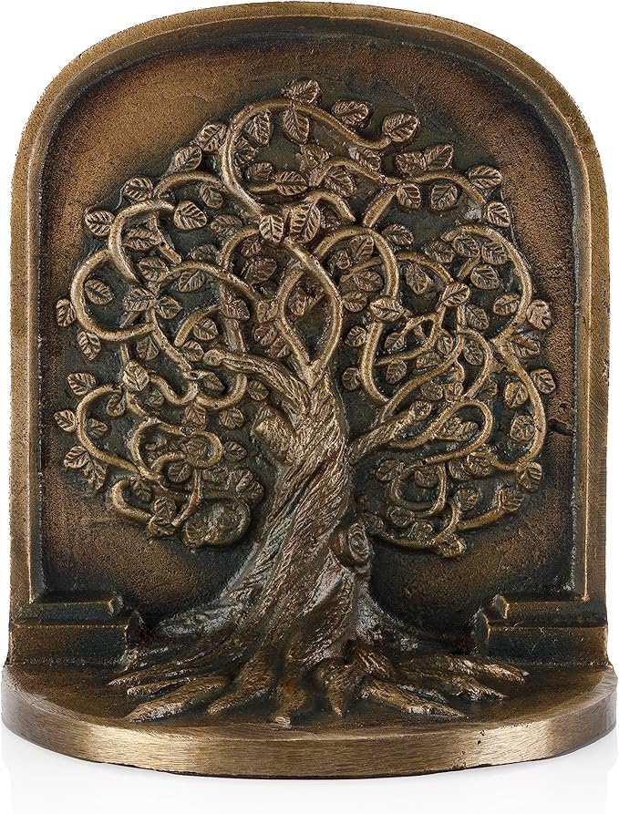 CRAFTSMAN ROAD Tree of Life Bookends, Antique Brass, 2 Decorative Bookends for Shelves or Bookcase, Cast Iron, Non-Skid Heavy Bookends, Home Décor Gift