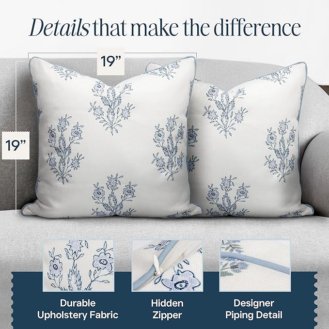 Jillien Harbor “The Mary” Blue and White Decorative Throw Pillow Cover – Floral Block Print Pillow Cover – Grandmillennial Home Decor, 19" x 19"