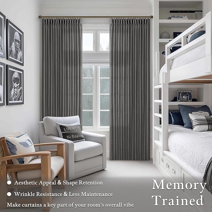 Dark Grey Pinch Pleated Linen Curtains 105 Inches Long for Living Room 2 Panels Set Memory Trained Viral Pleat Drapes Back Tab Light Filtering Neutral Charcoal Gray 105 Inch Length Window Curtains