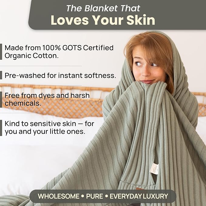 100% Organic Cotton Knit Blanket Denise -Soft and Lightweight, Breathable All-Season Throw for Bed, Sofa, or Lounge Area -GOTS Certified-Perfect for Home and Bedroom Styling (Green, 80x90)